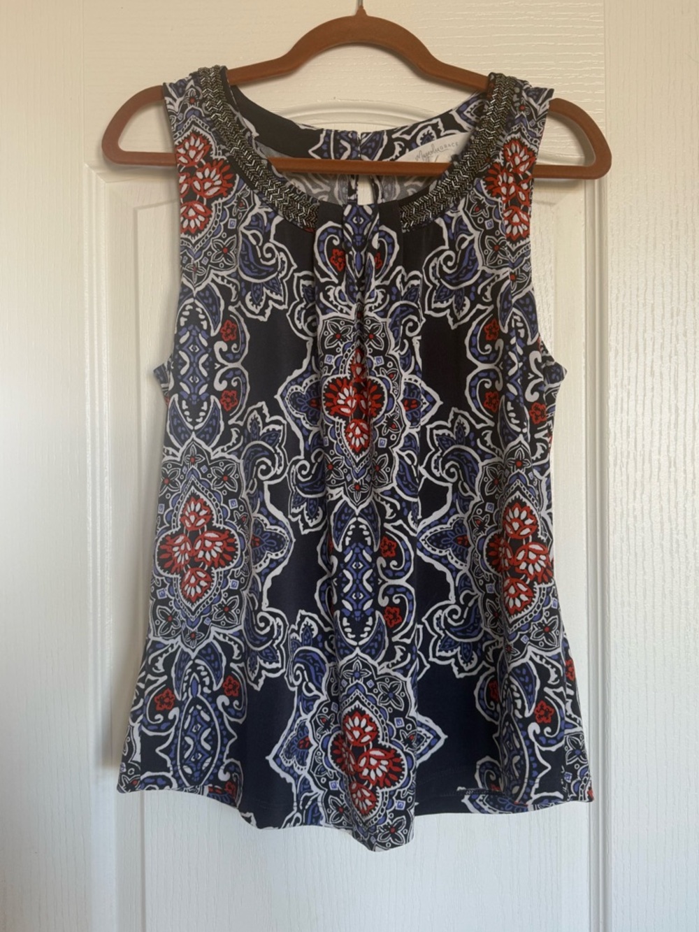 Magnolia Grace Blouse - Beaded Neckline - Sleeveless - Blue/Red/White Paisley
